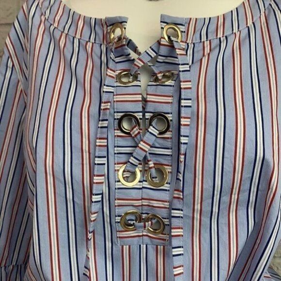 Tommy Hilfiger Women Bell Sleeve Lace-Up Striped Blouse Size L - Picture 7 of 11